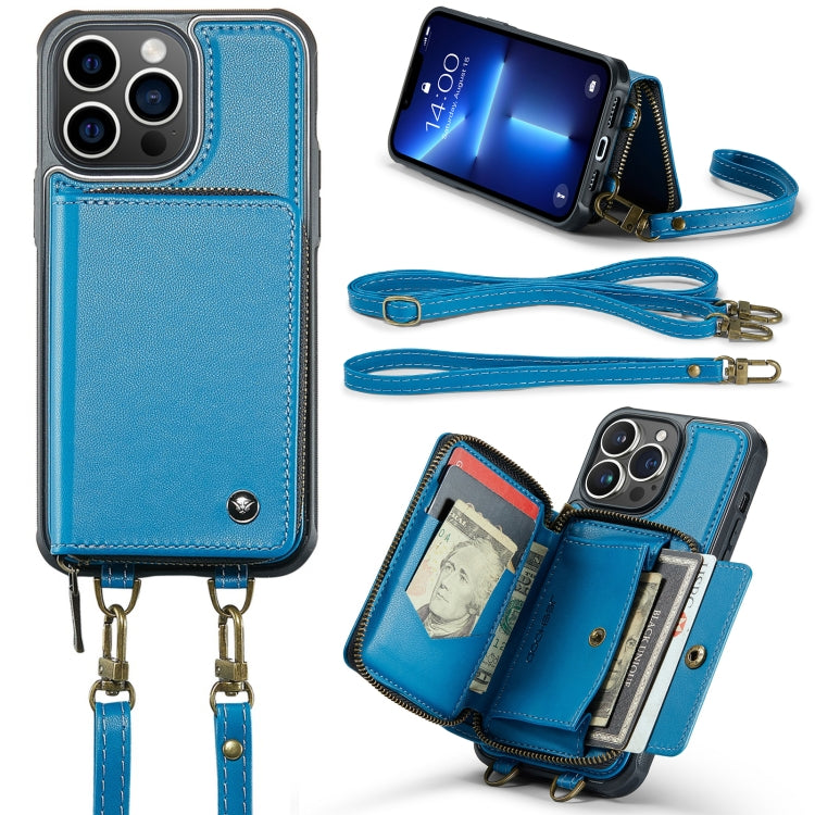 For iPhone 13 Pro JEEHOOD C22 Series Zipper Wallet Leather Phone Case with Dual Lanyard(Blue) - HoMEdemic™ 