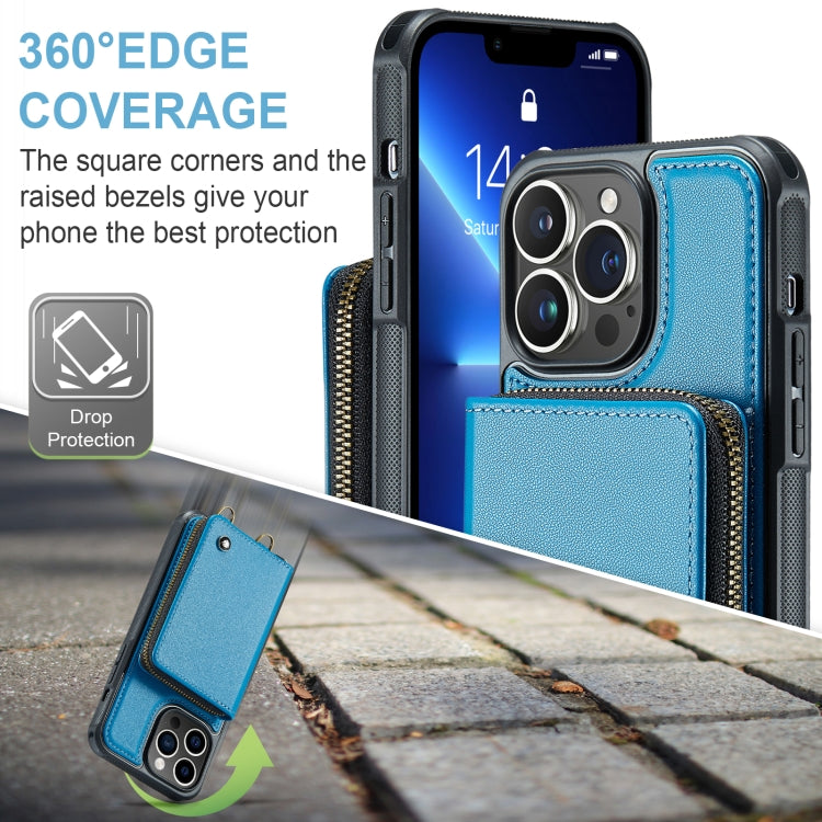 For iPhone 13 Pro JEEHOOD C22 Series Zipper Wallet Leather Phone Case with Dual Lanyard(Blue) - HoMEdemic™ 