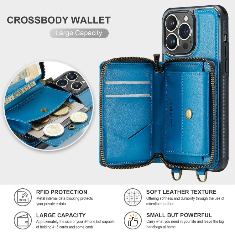 For iPhone 13 Pro JEEHOOD C22 Series Zipper Wallet Leather Phone Case with Dual Lanyard(Blue) - HoMEdemic™ 