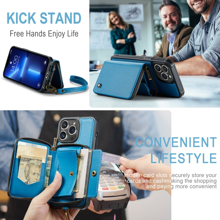 For iPhone 13 Pro JEEHOOD C22 Series Zipper Wallet Leather Phone Case with Dual Lanyard(Blue) - HoMEdemic™ 