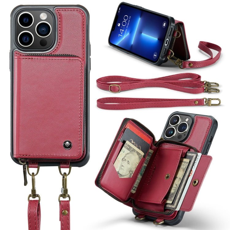 For iPhone 13 Pro JEEHOOD C22 Series Zipper Wallet Leather Phone Case with Dual Lanyard(Red) - HoMEdemic™ 