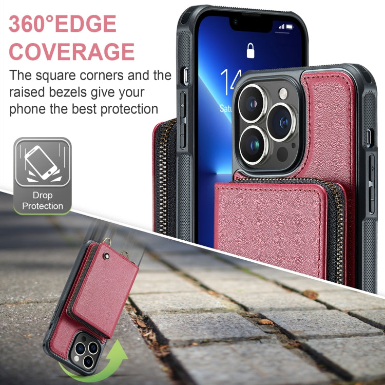 For iPhone 13 Pro JEEHOOD C22 Series Zipper Wallet Leather Phone Case with Dual Lanyard(Red) - HoMEdemic™ 
