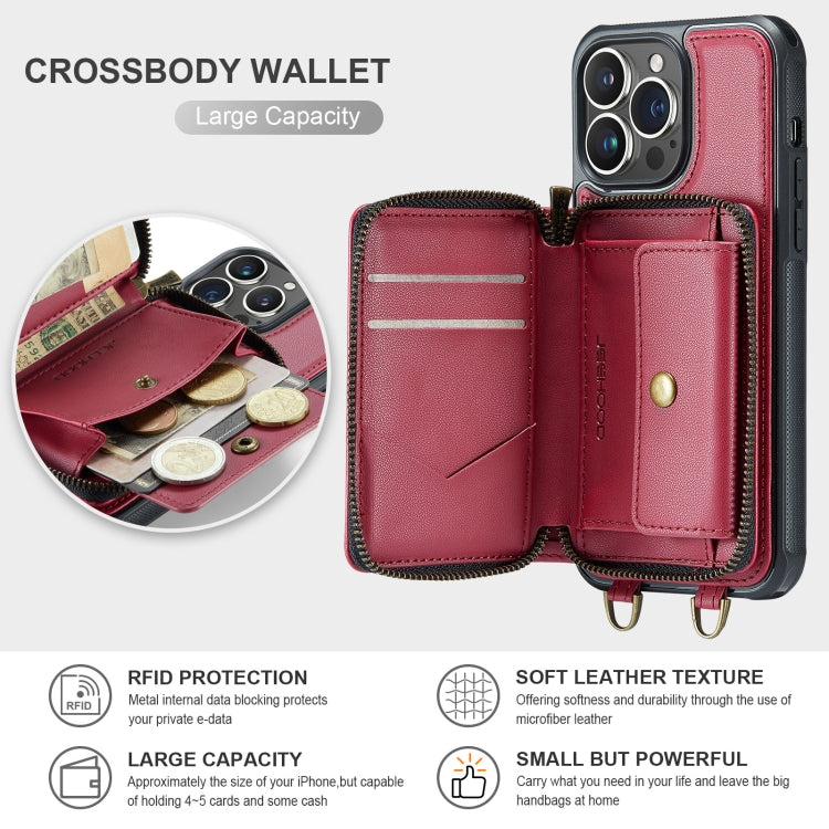 For iPhone 13 Pro JEEHOOD C22 Series Zipper Wallet Leather Phone Case with Dual Lanyard(Red) - HoMEdemic™ 