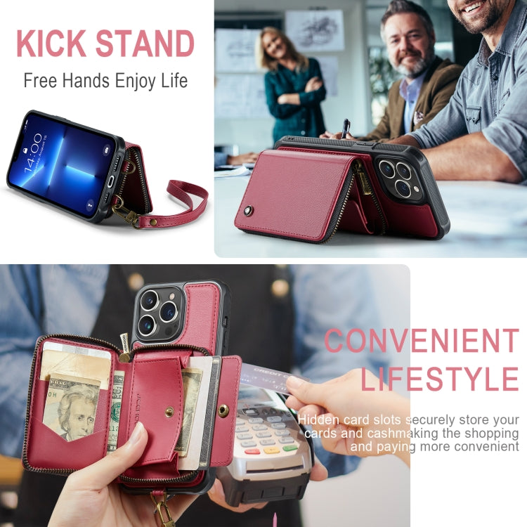 For iPhone 13 Pro JEEHOOD C22 Series Zipper Wallet Leather Phone Case with Dual Lanyard(Red) - HoMEdemic™ 