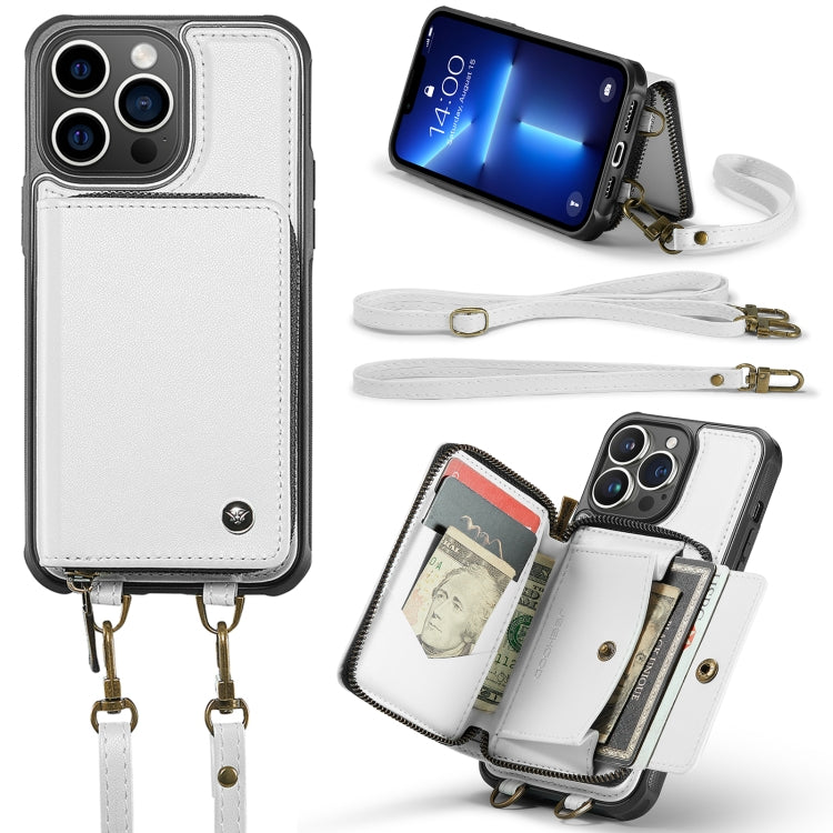 For iPhone 13 Pro JEEHOOD C22 Series Zipper Wallet Leather Phone Case with Dual Lanyard(White) - HoMEdemic™ 