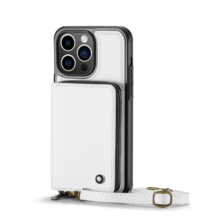 For iPhone 13 Pro JEEHOOD C22 Series Zipper Wallet Leather Phone Case with Dual Lanyard(White) - HoMEdemic™ 