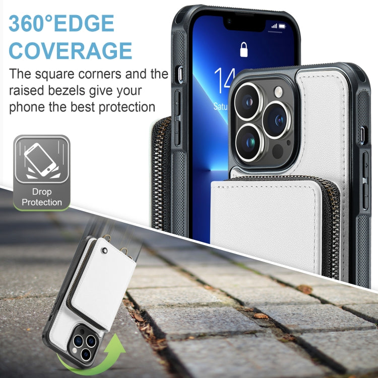 For iPhone 13 Pro JEEHOOD C22 Series Zipper Wallet Leather Phone Case with Dual Lanyard(White) - HoMEdemic™ 