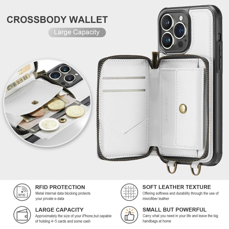 For iPhone 13 Pro JEEHOOD C22 Series Zipper Wallet Leather Phone Case with Dual Lanyard(White) - HoMEdemic™ 
