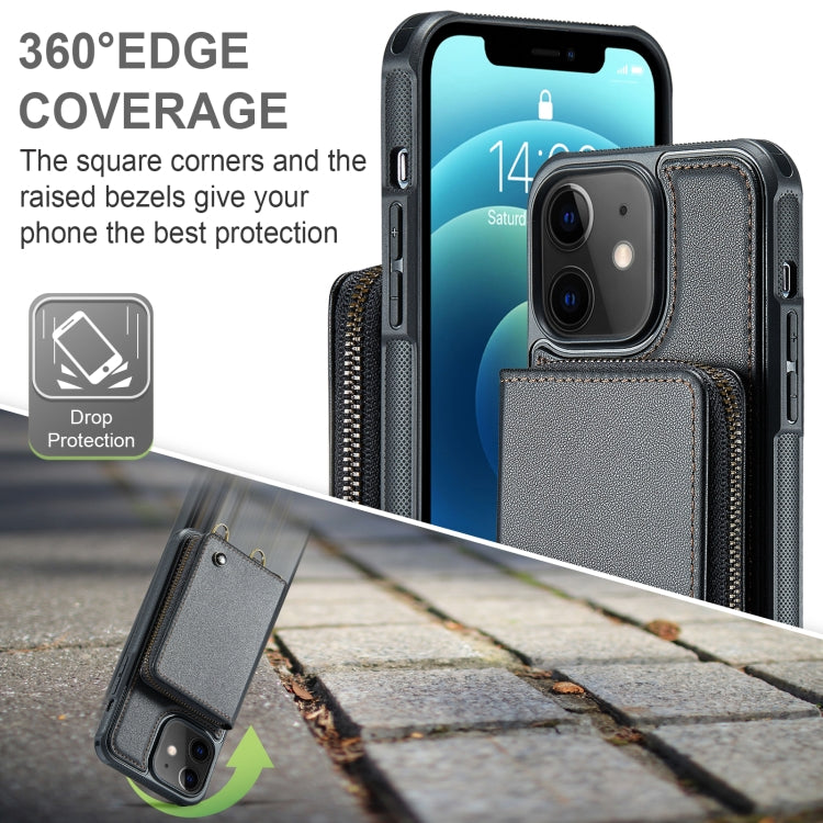 For iPhone 12 JEEHOOD C22 Series Zipper Wallet Leather Phone Case with Dual Lanyard(Black) - HoMEdemic™ 
