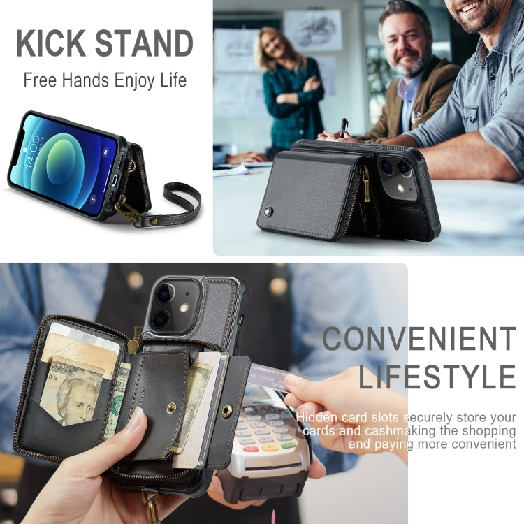 For iPhone 12 JEEHOOD C22 Series Zipper Wallet Leather Phone Case with Dual Lanyard(Black) - HoMEdemic™ 