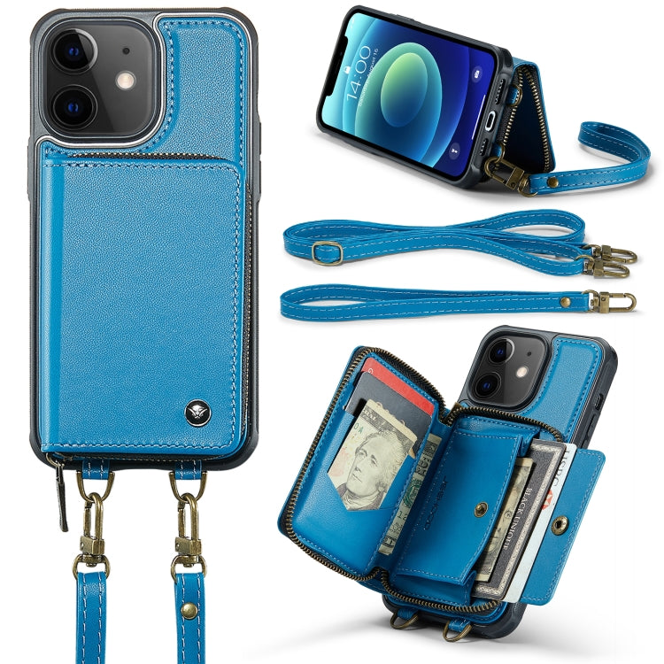 For iPhone 12 JEEHOOD C22 Series Zipper Wallet Leather Phone Case with Dual Lanyard(Blue) - HoMEdemic™ 