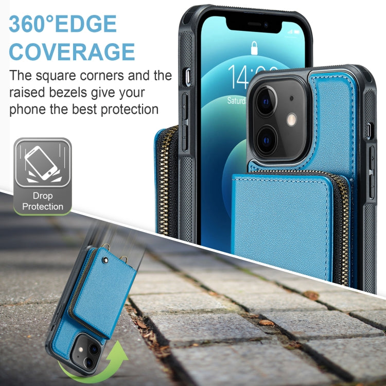 For iPhone 12 JEEHOOD C22 Series Zipper Wallet Leather Phone Case with Dual Lanyard(Blue) - HoMEdemic™ 