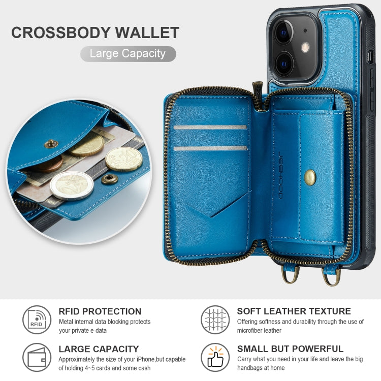 For iPhone 12 JEEHOOD C22 Series Zipper Wallet Leather Phone Case with Dual Lanyard(Blue) - HoMEdemic™ 