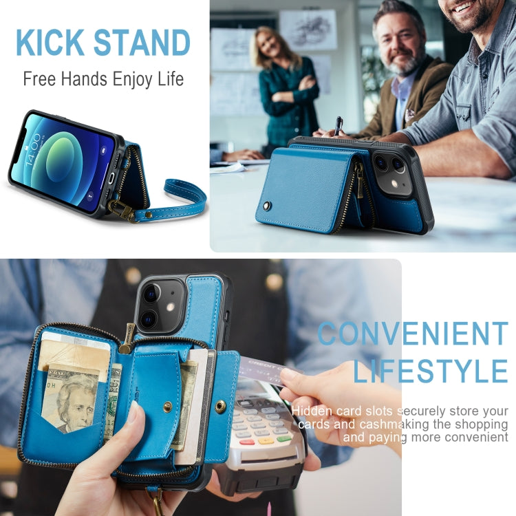 For iPhone 12 JEEHOOD C22 Series Zipper Wallet Leather Phone Case with Dual Lanyard(Blue) - HoMEdemic™ 