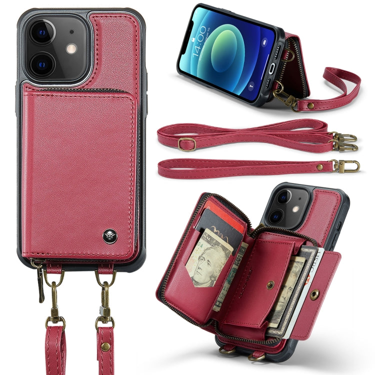 For iPhone 12 JEEHOOD C22 Series Zipper Wallet Leather Phone Case with Dual Lanyard(Red) - HoMEdemic™ 
