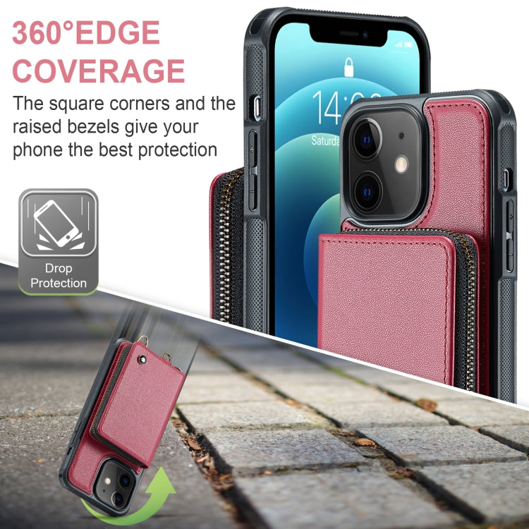 For iPhone 12 JEEHOOD C22 Series Zipper Wallet Leather Phone Case with Dual Lanyard(Red) - HoMEdemic™ 