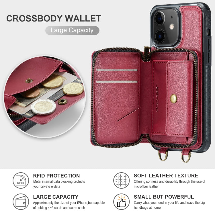 For iPhone 12 JEEHOOD C22 Series Zipper Wallet Leather Phone Case with Dual Lanyard(Red) - HoMEdemic™ 