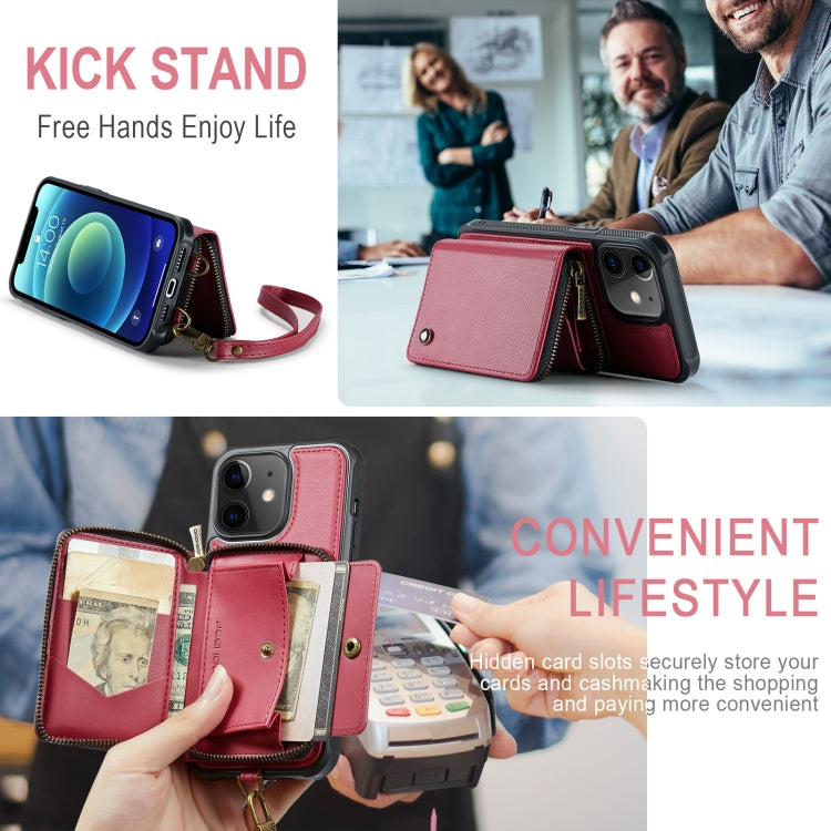 For iPhone 12 JEEHOOD C22 Series Zipper Wallet Leather Phone Case with Dual Lanyard(Red) - HoMEdemic™ 