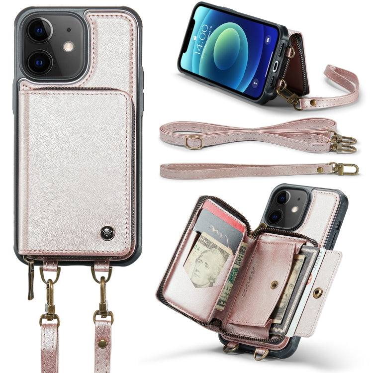 For iPhone 12 JEEHOOD C22 Series Zipper Wallet Leather Phone Case with Dual Lanyard(Rose Gold) - HoMEdemic™ 