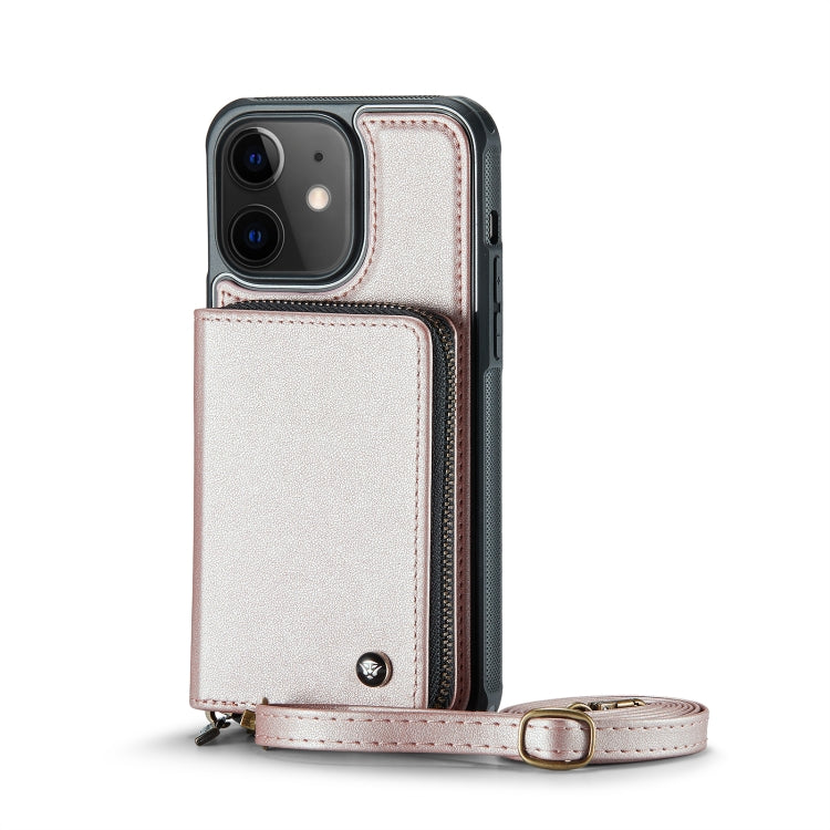 For iPhone 12 JEEHOOD C22 Series Zipper Wallet Leather Phone Case with Dual Lanyard(Rose Gold) - HoMEdemic™ 