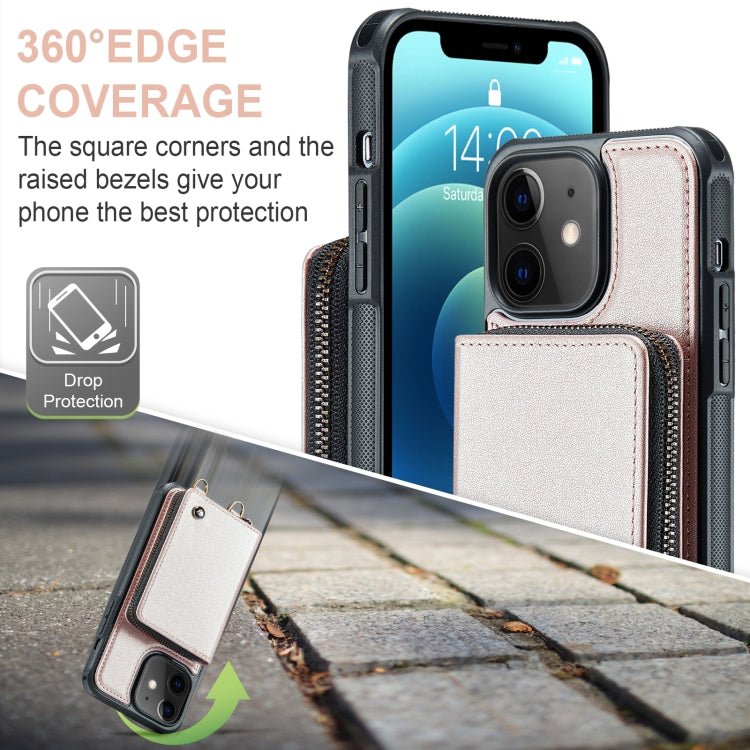 For iPhone 12 JEEHOOD C22 Series Zipper Wallet Leather Phone Case with Dual Lanyard(Rose Gold) - HoMEdemic™ 