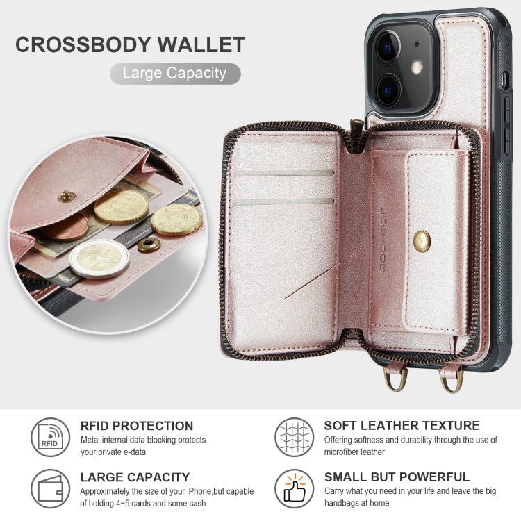 For iPhone 12 JEEHOOD C22 Series Zipper Wallet Leather Phone Case with Dual Lanyard(Rose Gold) - HoMEdemic™ 