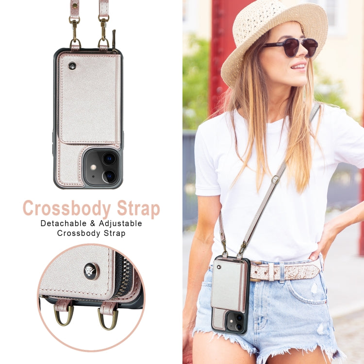 For iPhone 12 JEEHOOD C22 Series Zipper Wallet Leather Phone Case with Dual Lanyard(Rose Gold) - HoMEdemic™ 
