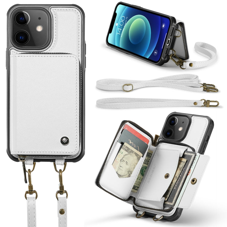 For iPhone 12 JEEHOOD C22 Series Zipper Wallet Leather Phone Case with Dual Lanyard(White) - HoMEdemic™ 