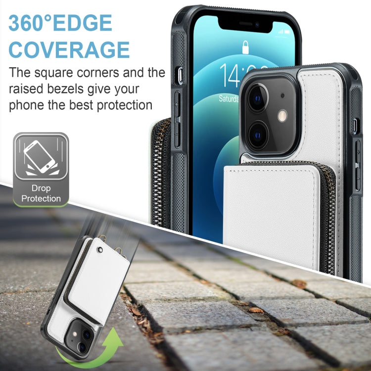 For iPhone 12 JEEHOOD C22 Series Zipper Wallet Leather Phone Case with Dual Lanyard(White) - HoMEdemic™ 
