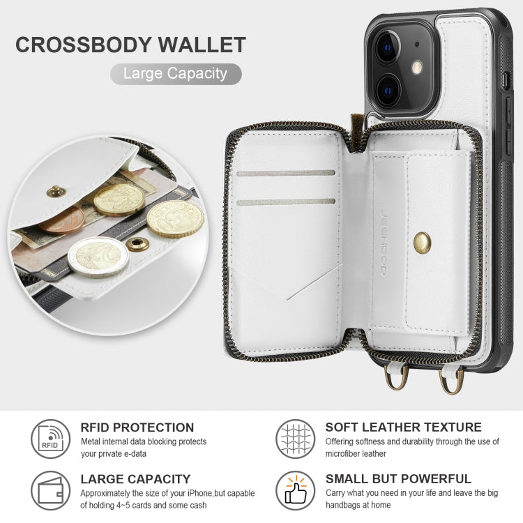 For iPhone 12 JEEHOOD C22 Series Zipper Wallet Leather Phone Case with Dual Lanyard(White) - HoMEdemic™ 