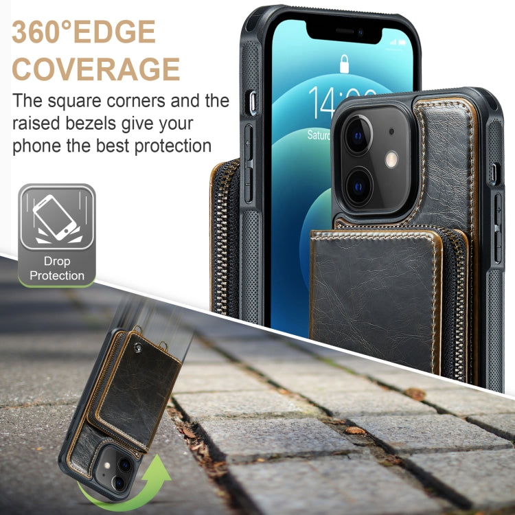 For iPhone 12 JEEHOOD C22 Series Zipper Wallet Leather Phone Case with Dual Lanyard(Coffee) - HoMEdemic™ 