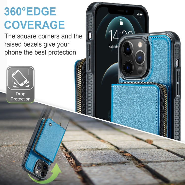 For iPhone 12 Pro Max JEEHOOD C22 Series Zipper Wallet Leather Phone Case with Dual Lanyard(Blue) - HoMEdemic™ 