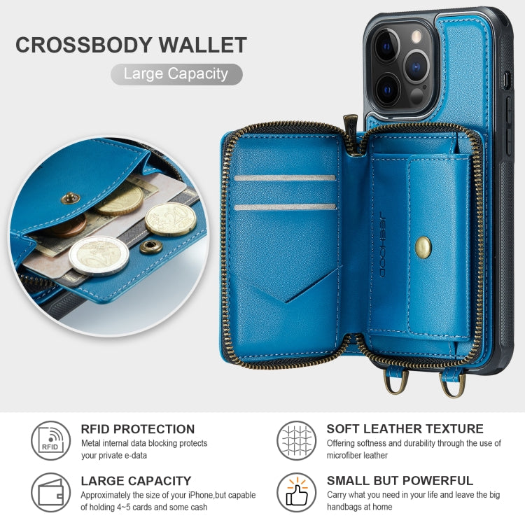 For iPhone 12 Pro Max JEEHOOD C22 Series Zipper Wallet Leather Phone Case with Dual Lanyard(Blue) - HoMEdemic™ 