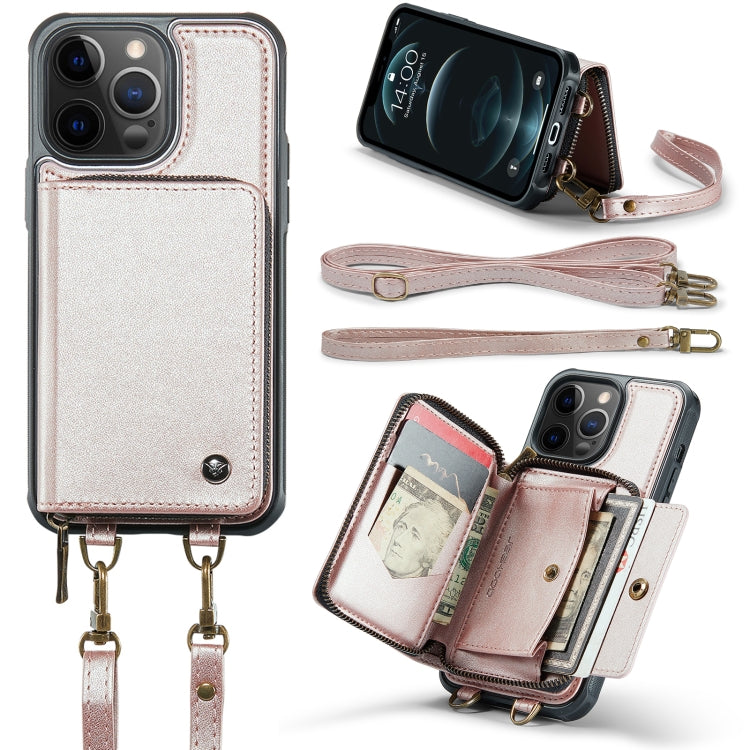 For iPhone 12 Pro Max JEEHOOD C22 Series Zipper Wallet Leather Phone Case with Dual Lanyard(Rose Gold) - HoMEdemic™ 