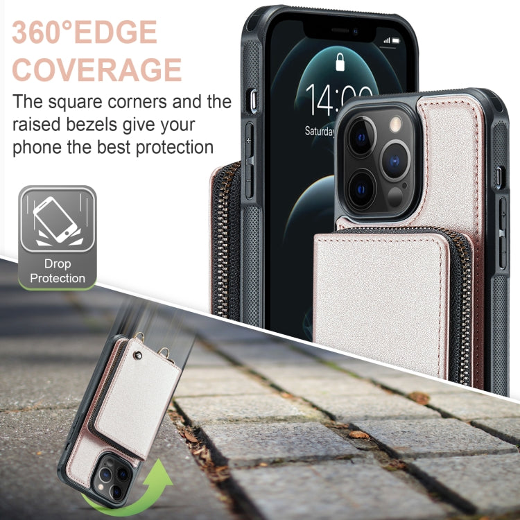 For iPhone 12 Pro Max JEEHOOD C22 Series Zipper Wallet Leather Phone Case with Dual Lanyard(Rose Gold) - HoMEdemic™ 