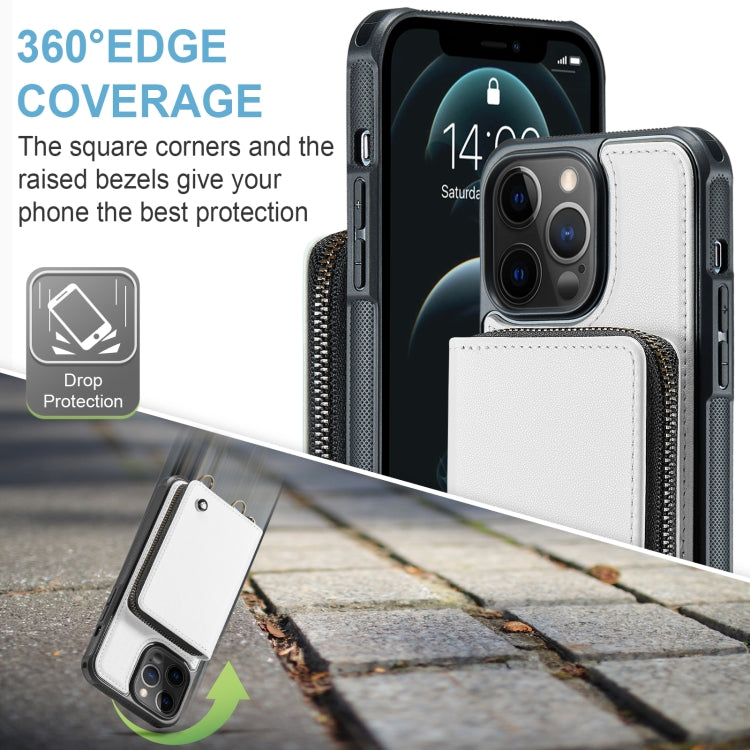 For iPhone 12 Pro Max JEEHOOD C22 Series Zipper Wallet Leather Phone Case with Dual Lanyard(White) - HoMEdemic™ 