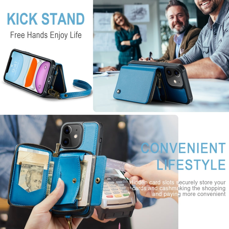 For iPhone 11 JEEHOOD C22 Series Zipper Wallet Leather Phone Case with Dual Lanyard(Blue) - HoMEdemic™ 