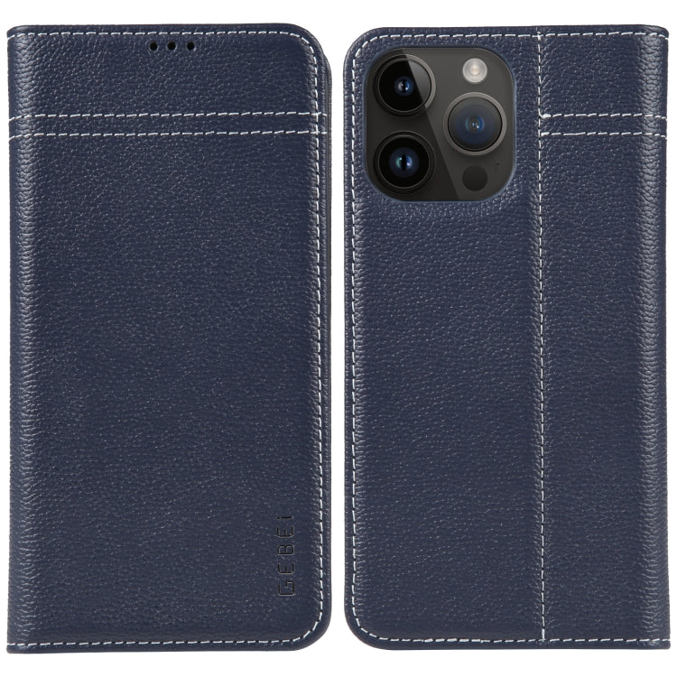 For iPhone 14 Pro GEBEI Top-grain Horizontal Flip Leather Phone Case(Blue) - HoMEdemic™ 