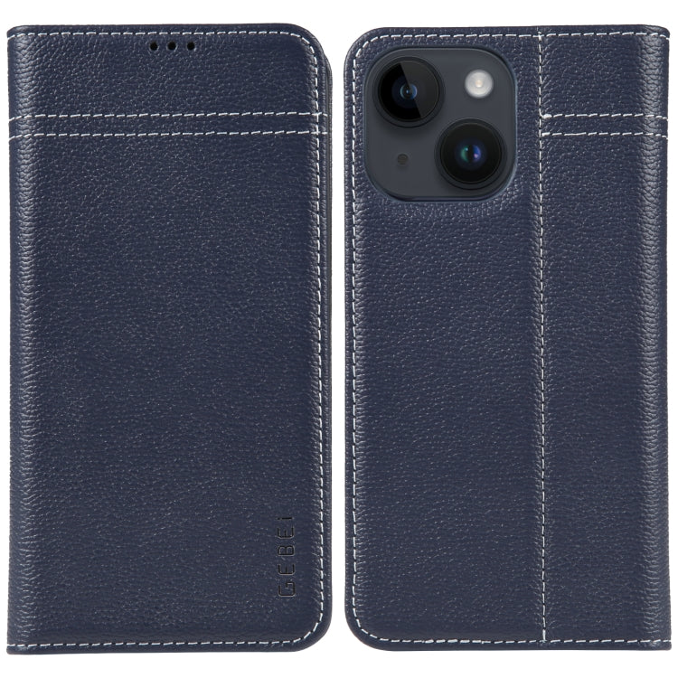 For iPhone 14 GEBEI Top-grain Horizontal Flip Leather Phone Case(Blue) - HoMEdemic™ 