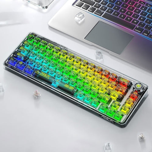 AULA F68 Transparent Customized Wired/Wireless/Bluetooth Three Model RGB Pluggable Mechanical Keyboard(Black Transparent) - HoMEdemic™ 