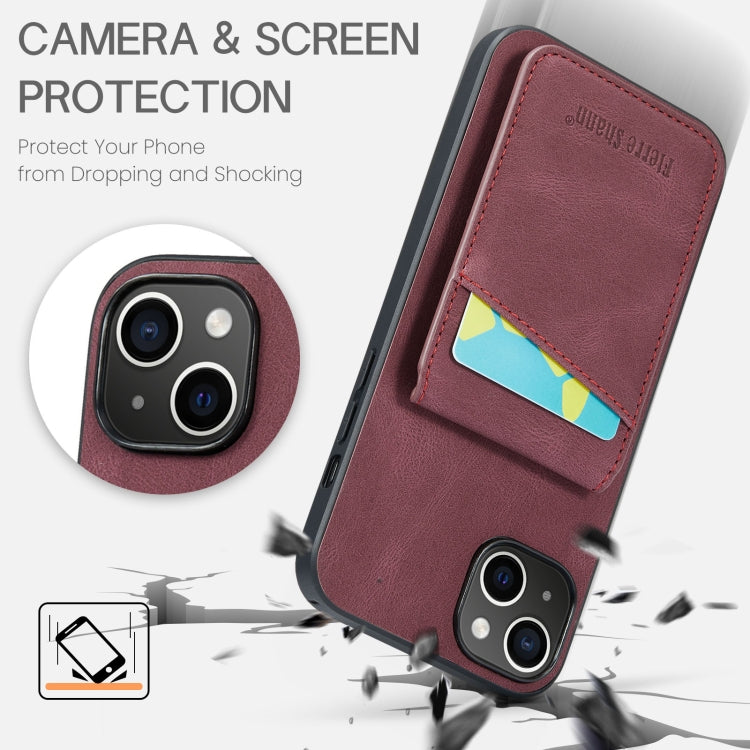 For iPhone 14 Fierre Shann Crazy Horse Card Holder Back Cover PU Phone Case(Wine Red) - HoMEdemic™ 