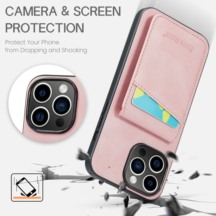 For iPhone 14 Pro Fierre Shann Crazy Horse Card Holder Back Cover PU Phone Case(Pink) - HoMEdemic™ 