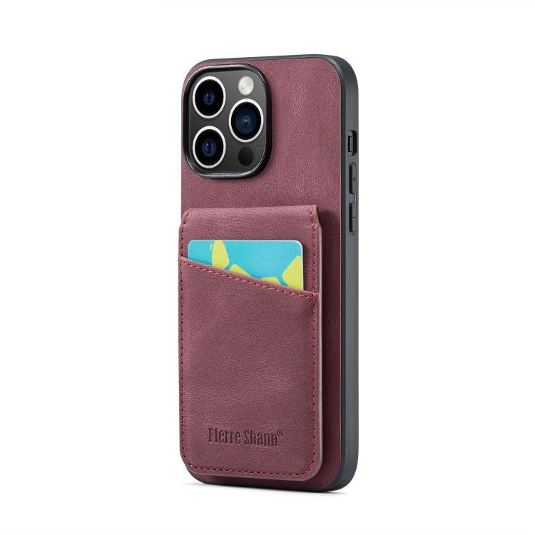 For iPhone 14 Pro Fierre Shann Crazy Horse Card Holder Back Cover PU Phone Case(Wine Red) - HoMEdemic™ 