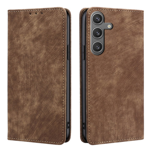 For Samsung Galaxy S24 5G RFID Anti-theft Brush Magnetic Leather Phone Case(Brown) - HoMEdemic™ 