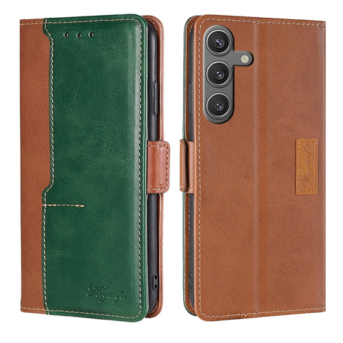 For Samsung Galaxy S24 5G Contrast Color Side Buckle Leather Phone Case(Light Brown + Green) - HoMEdemic™ 