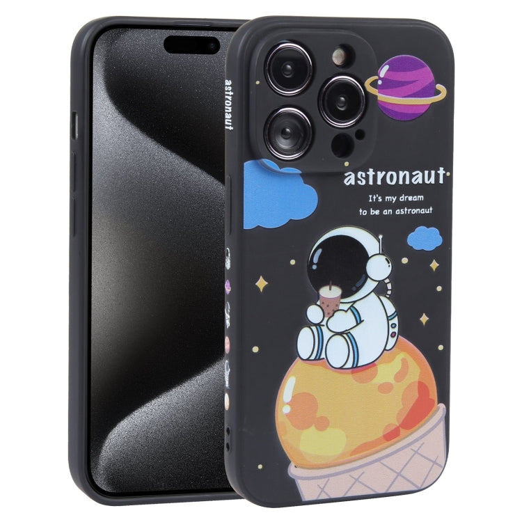 For iPhone 15 Pro Milk Tea Astronaut Pattern Liquid Silicone Phone Case(Ivory Black) - HoMEdemic™ 