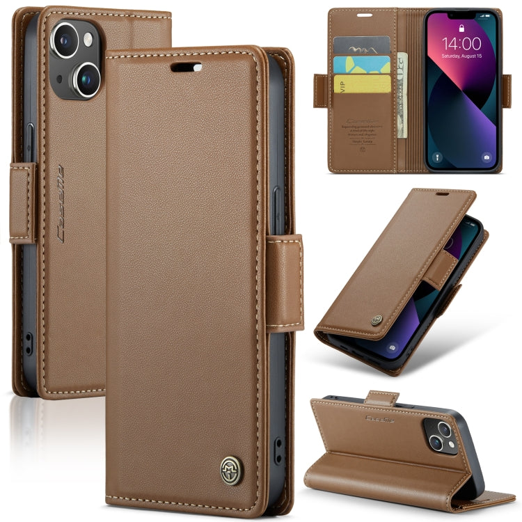 For iPhone 14 Plus CaseMe 023 Butterfly Buckle Litchi Texture RFID Anti-theft Leather Phone Case(Brown) - HoMEdemic™ 