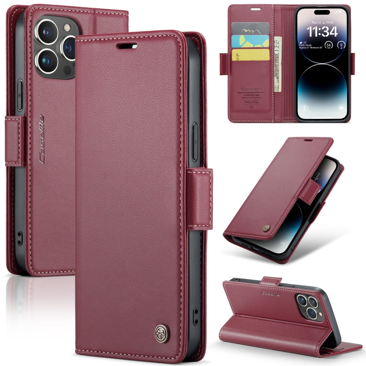 For iPhone 14 Pro CaseMe 023 Butterfly Buckle Litchi Texture RFID Anti-theft Leather Phone Case(Wine Red) - HoMEdemic™ 