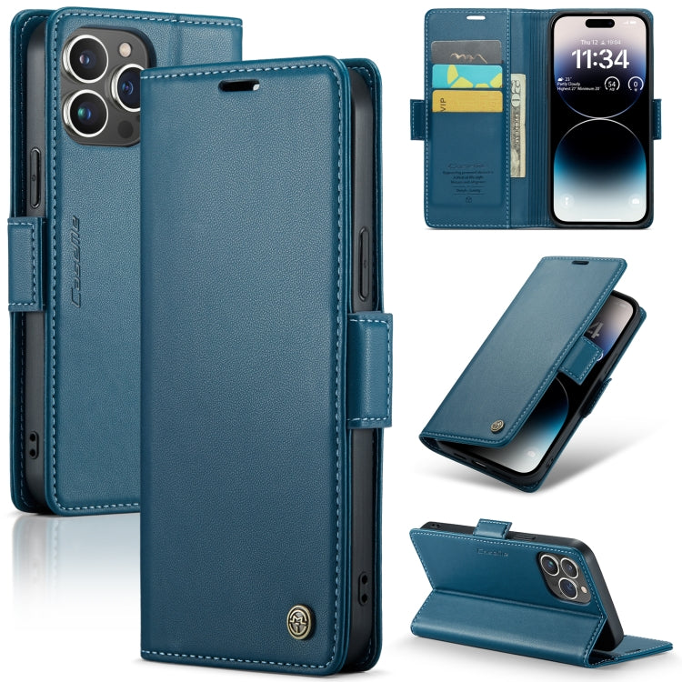 For iPhone 14 Pro Max CaseMe 023 Butterfly Buckle Litchi Texture RFID Anti-theft Leather Phone Case(Blue) - HoMEdemic™ 