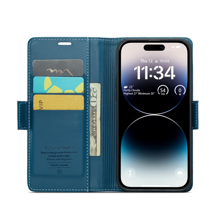 For iPhone 14 Pro Max CaseMe 023 Butterfly Buckle Litchi Texture RFID Anti-theft Leather Phone Case(Blue) - HoMEdemic™ 
